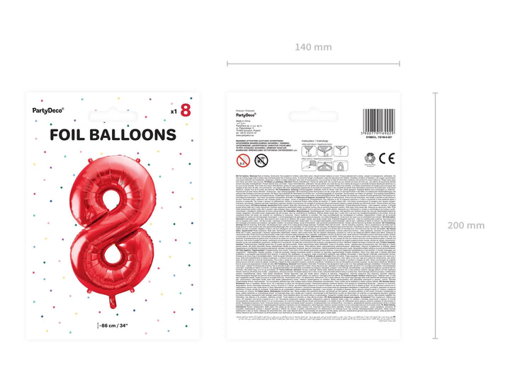 Giant Red Foil Number 8 Balloon 86cm - Metallic Figure Eight Birthday Party Decoration - 80th Birthday Party Balloon - Red Balloon - Jolie Fete UK