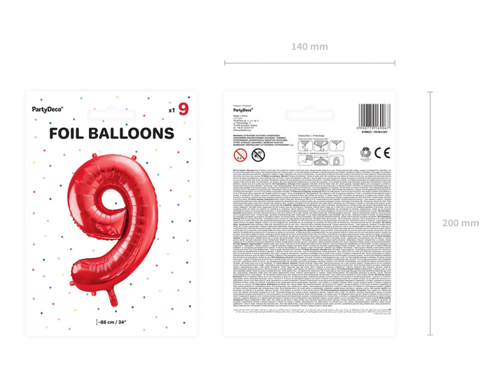 Red Foil Number 9 Balloon 86cm - Giant Metallic Nine Balloon - 9th Birthday Party Decoration - Age 9 Balloon - 90th Birthday - Red Balloon - Jolie Fete UK