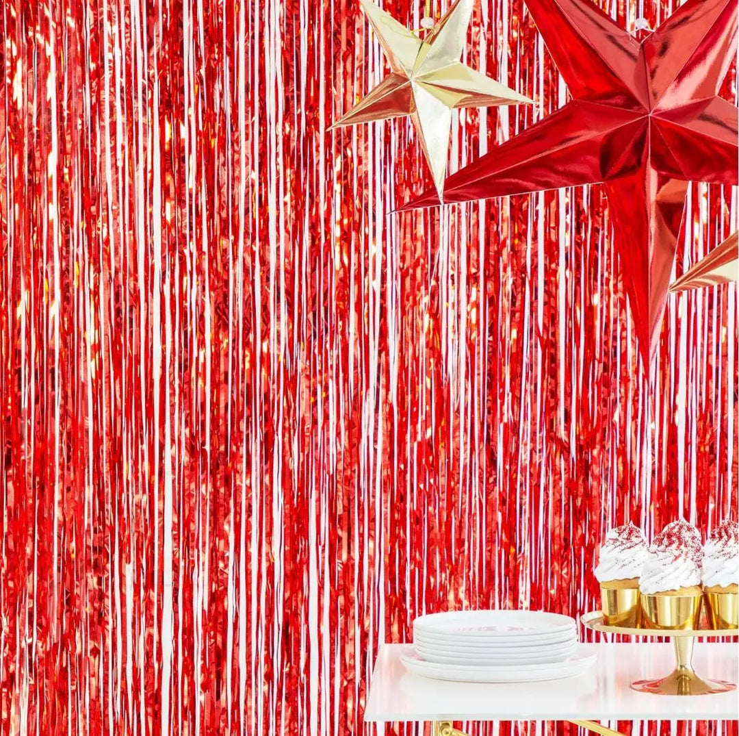 Red Foil Party Curtain 0.9 x 2.5m - Shimmer Fringe Backdrop - Birthday Party Decorations - Photo Booth Prop - Red Backdrop - Circus Party - Jolie Fete UK