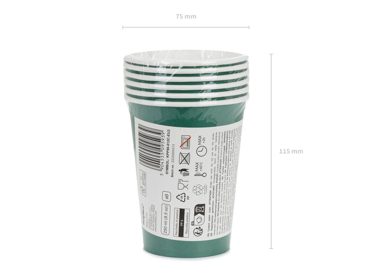 Green Paper Cups 250ml - Disposable Party Cups - Dark Green Tableware - Birthday Garden Party Supplies - Dinosaur Party - Pack of 6 - Jolie Fete UK