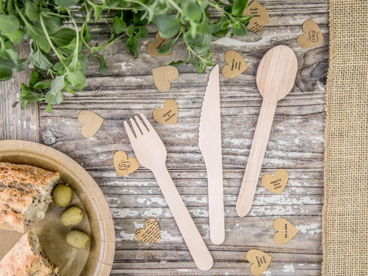 Wooden Cutlery Set - Woodland Theme - 18pc Knife Fork Spoon - Eco Friendly Party Tableware - Rustic Nature Birthday - Disposable Cutlery - Jolie Fete UK