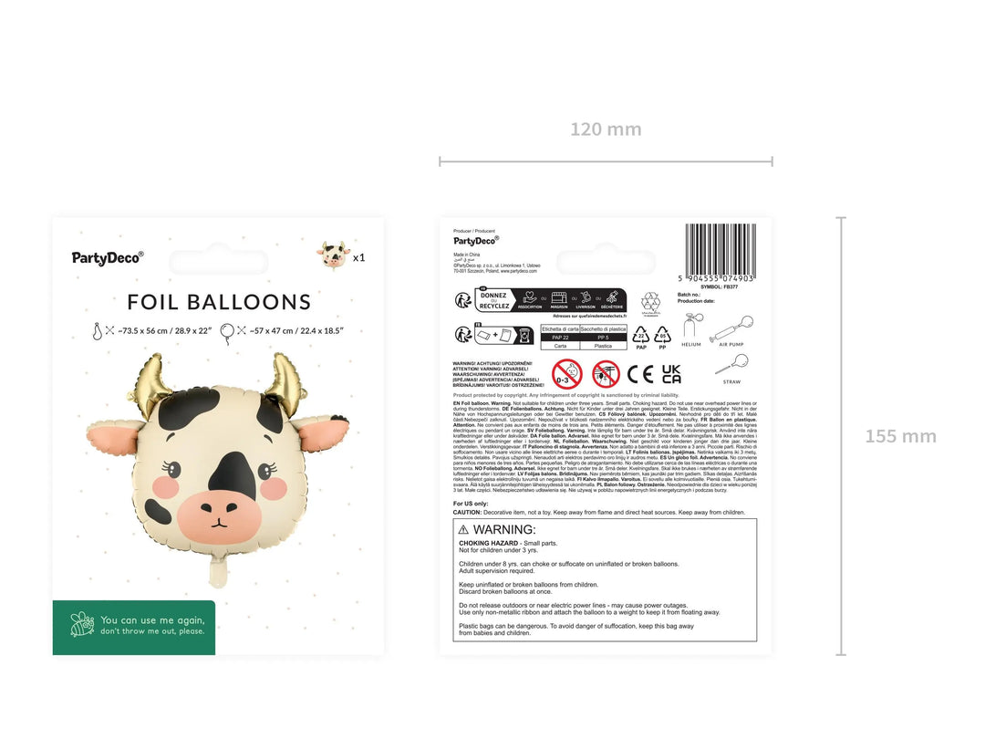 Cow Foil Balloon 57x47cm - Farm Animal Party Balloon - Farmyard Party - Cream, Black, Pink - Birthday Party Decor - Fun Kids Party Supplies - Jolie Fete UK