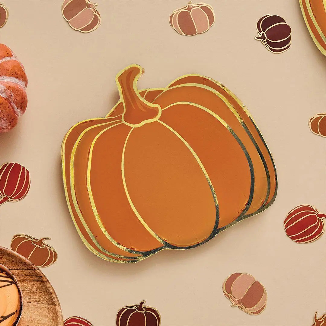 Halloween Pumpkin Paper Plates - Pack of 8 - Gold Foil - Spooky Party Tableware - Small Orange Halloween Plates - Party Supplies - Jolie Fete UK