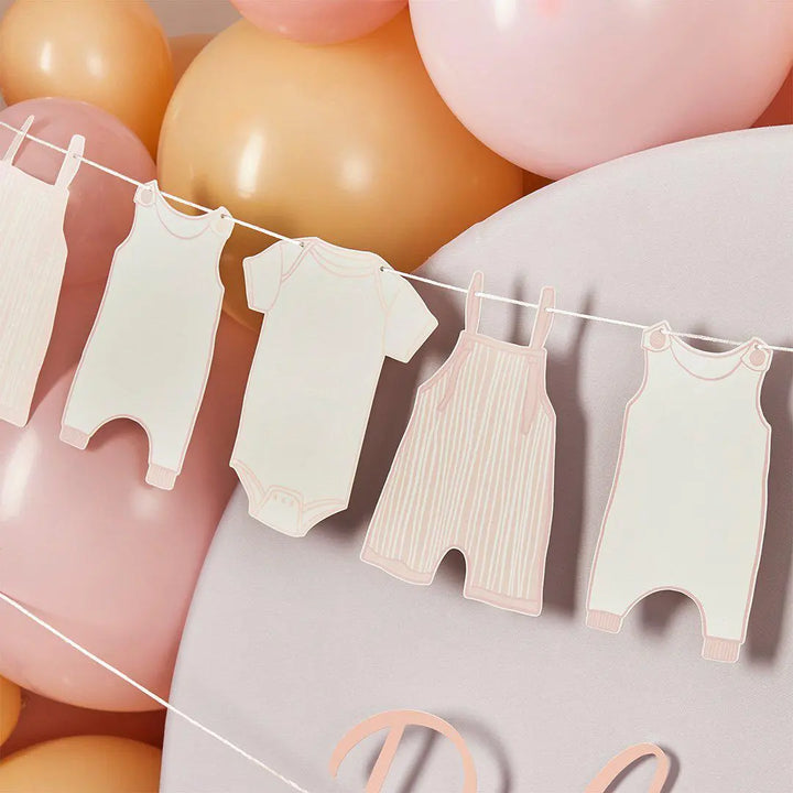 Pink Babygrow Garland - Baby Shower Decoration - Card Bunting - 2.5m Girl Baby Shower Garland - New Baby Party Decor - Baby Shower Bunting - Jolie Fete UK