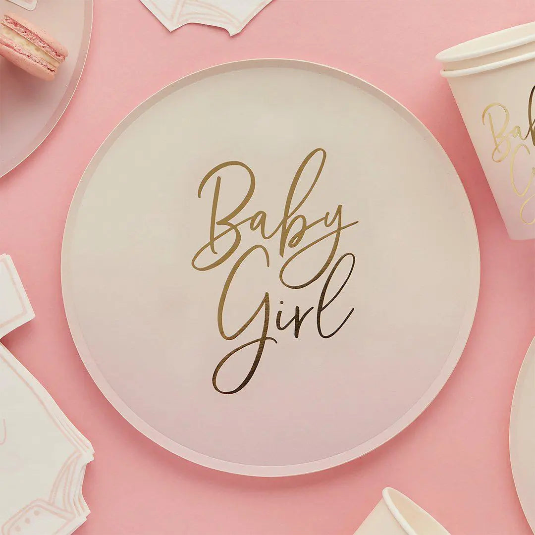 Pink Baby Girl Paper Plates - Pack of 8 - Gold Foil Ombre - Baby Shower Party Tableware - Stylish Girl Baby Shower Plates - Pink Plates - Jolie Fete UK