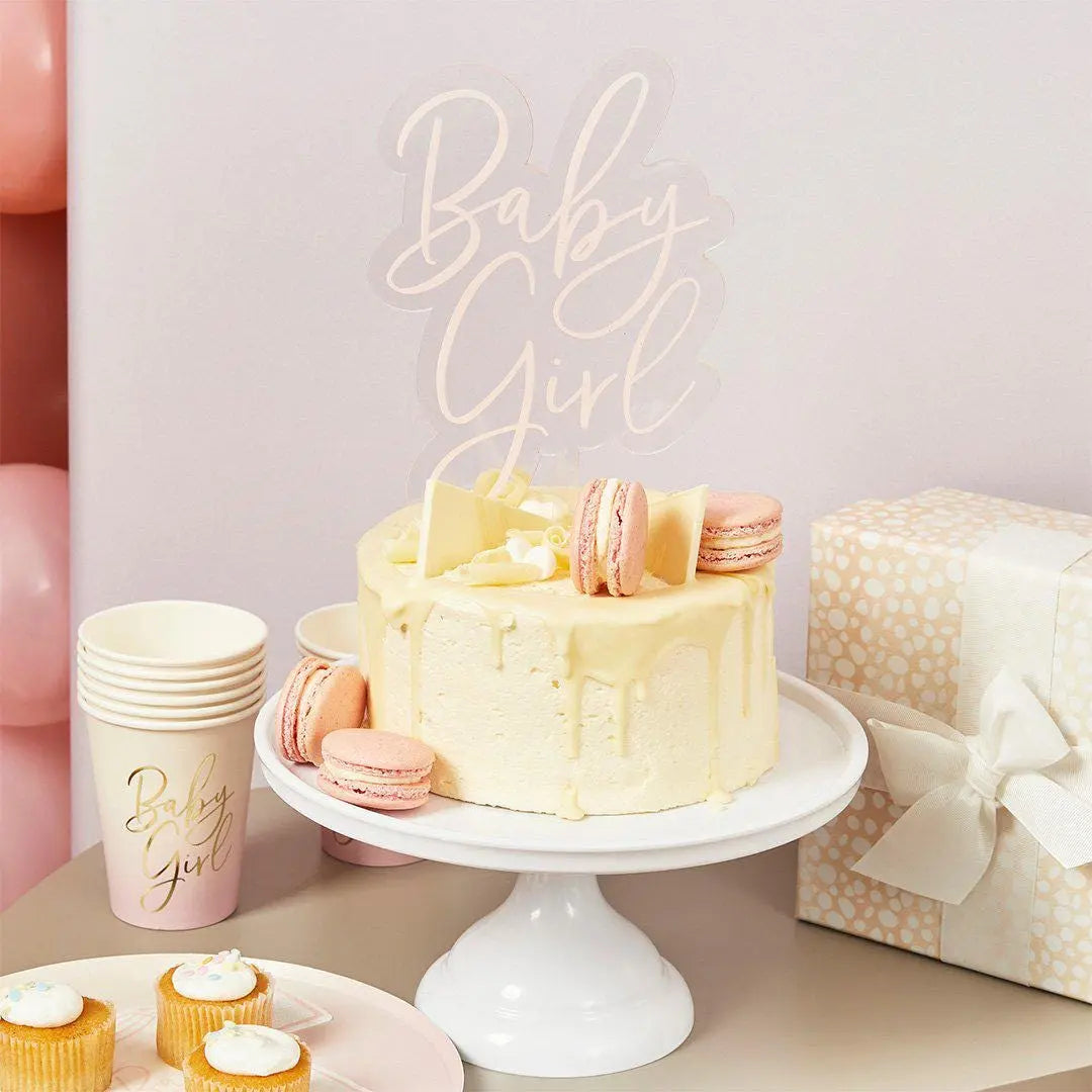 Pink Baby Girl Acrylic Cake Topper - Baby Shower Cake Decoration - Elegant Showstopper - Gender Reveal Party Cake Topper - Jolie Fete UK