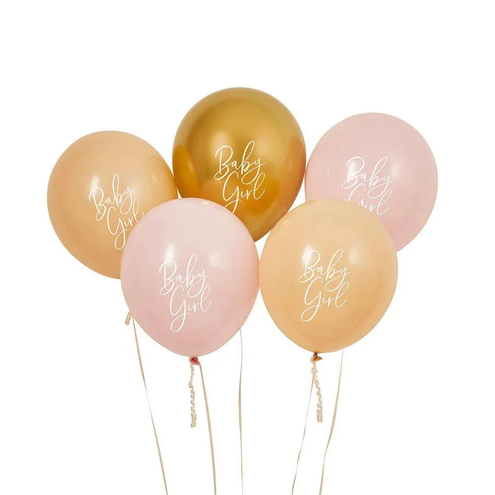 Pink, Peach & Gold Baby Girl 12 Inch Latex Balloons - Baby Shower Decorations - Girl Baby Shower Balloons - Pack of 5 - Baby Balloons - Jolie Fete UK
