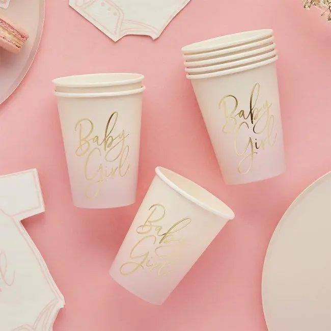 Pink Baby Girl Paper Cups Pack of 8 - Gold Foil Ombre - Baby Shower Party Tableware - Pink Party Cups - Girl Baby Shower Supplies - Jolie Fete UK