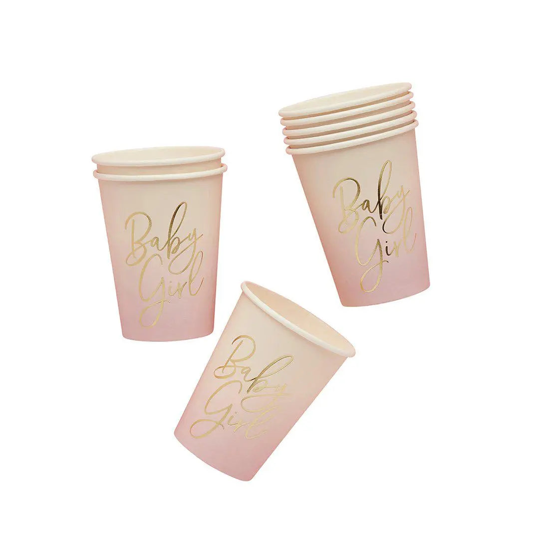 Pink Baby Girl Paper Cups Pack of 8 - Gold Foil Ombre - Baby Shower Party Tableware - Pink Party Cups - Girl Baby Shower Supplies - Jolie Fete UK