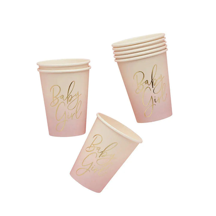 Pink Baby Girl Paper Cups Pack of 8 - Gold Foil Ombre - Baby Shower Party Tableware - Pink Party Cups - Girl Baby Shower Supplies - Jolie Fete UK