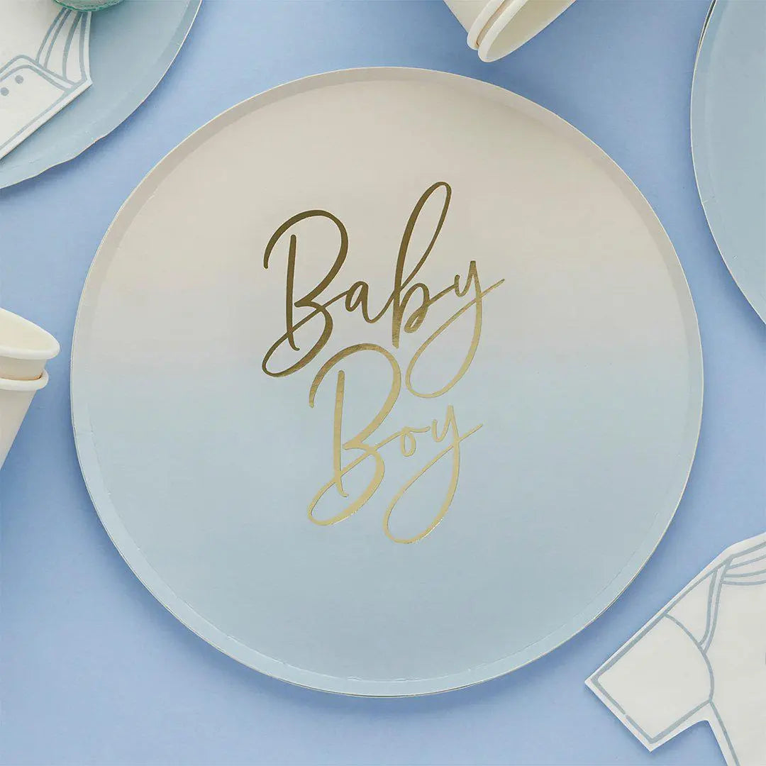 Blue Baby Boy Paper Plates Pack of 8 - Gold Foil Ombre - Baby Shower Tableware - Boy Baby Shower Party Supplies - Baby Shower Plates - Jolie Fete UK