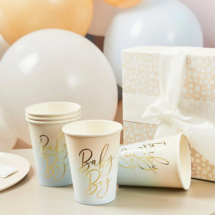 Blue Baby Boy Paper Cups - Pack of 8 - Gold Foil Ombre - Baby Shower Party Tableware - Boy Baby Shower Cups - Disposable Cups - Jolie Fete UK