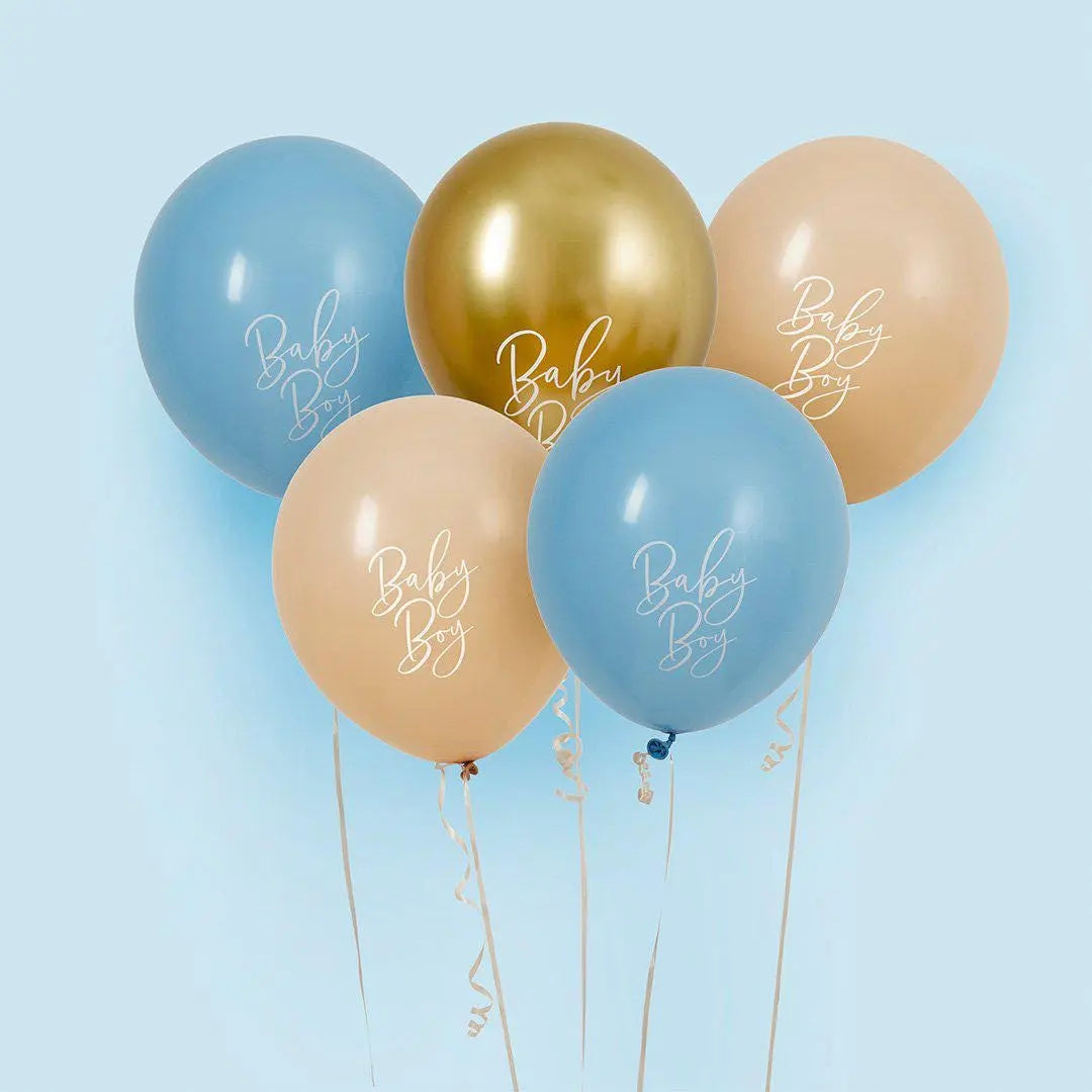 Blue, Beige & Gold Baby Boy Latex Balloons - Baby Shower Balloons - Boy Baby Shower Party Decorations - Baby Balloon Bundle - Pack of 5 - Jolie Fete UK