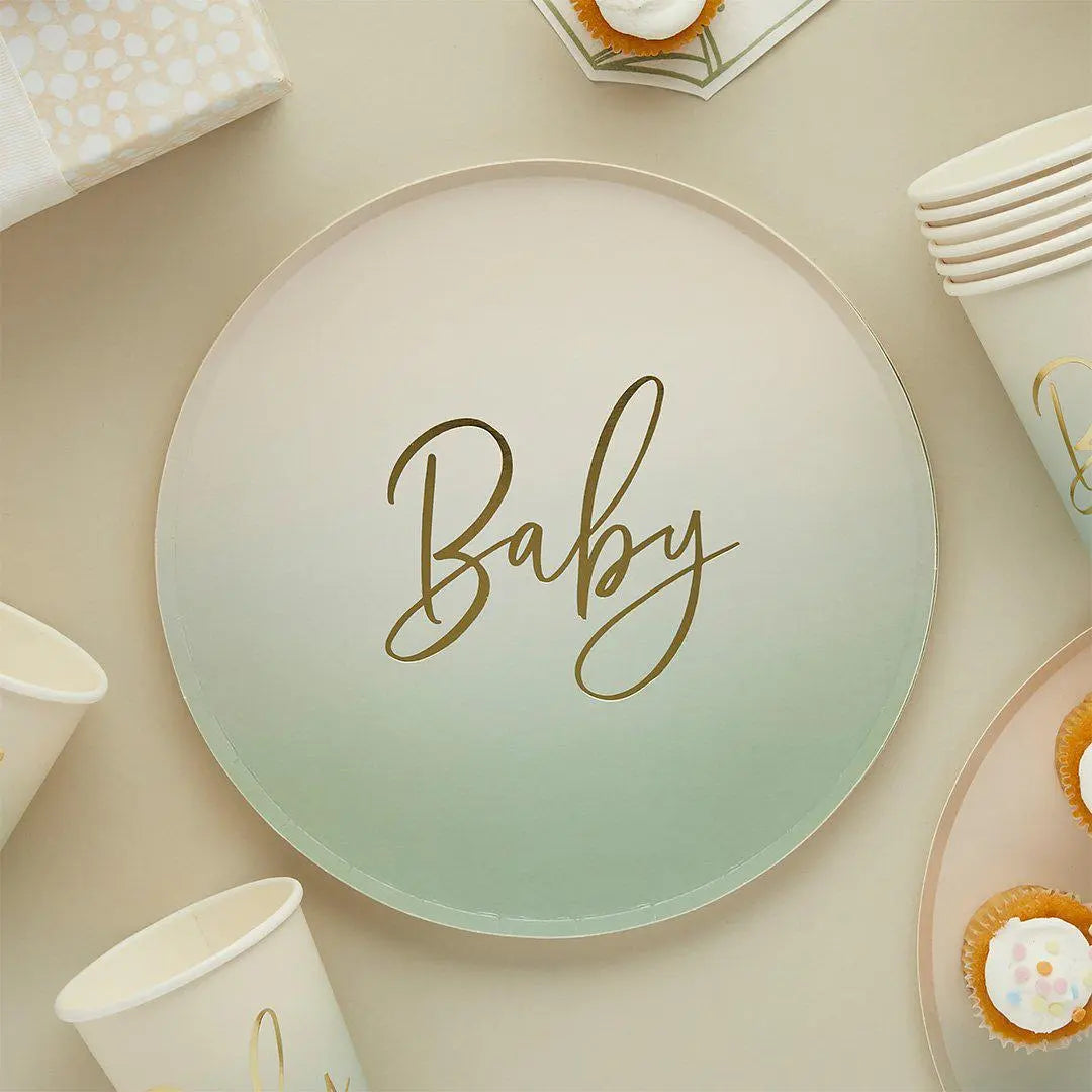 Sage Green Baby Paper Plates - Pack of 8 - Gold Foil Ombre - Baby Shower Tableware - Gender Neutral Baby Shower - Baby Shower Plates - Jolie Fete UK