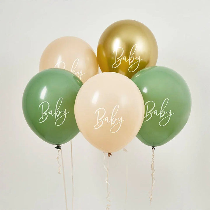 Baby Shower Balloons - Sage Green, Beige & Gold - Pack of 5 - 12 Inch - Baby Shower Decorations - Neutral Baby Shower Balloons - Jolie Fete UK