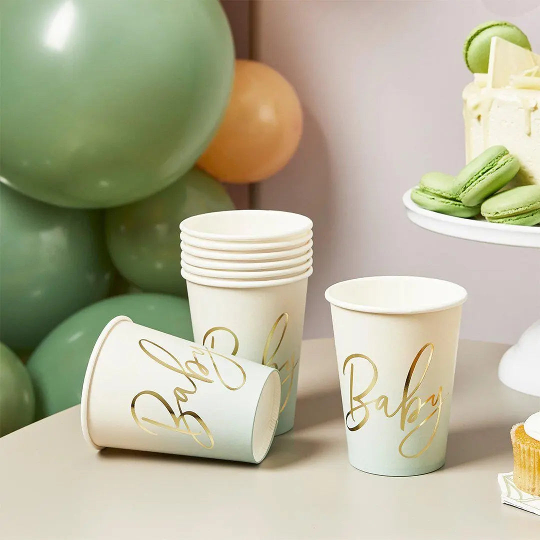 Sage Green Baby Shower Paper Cups with Gold Foil - Pack of 8 - Ombre Baby Party Tableware - Gender Neutral Shower - Green Baby Shower Cups - Jolie Fete UK