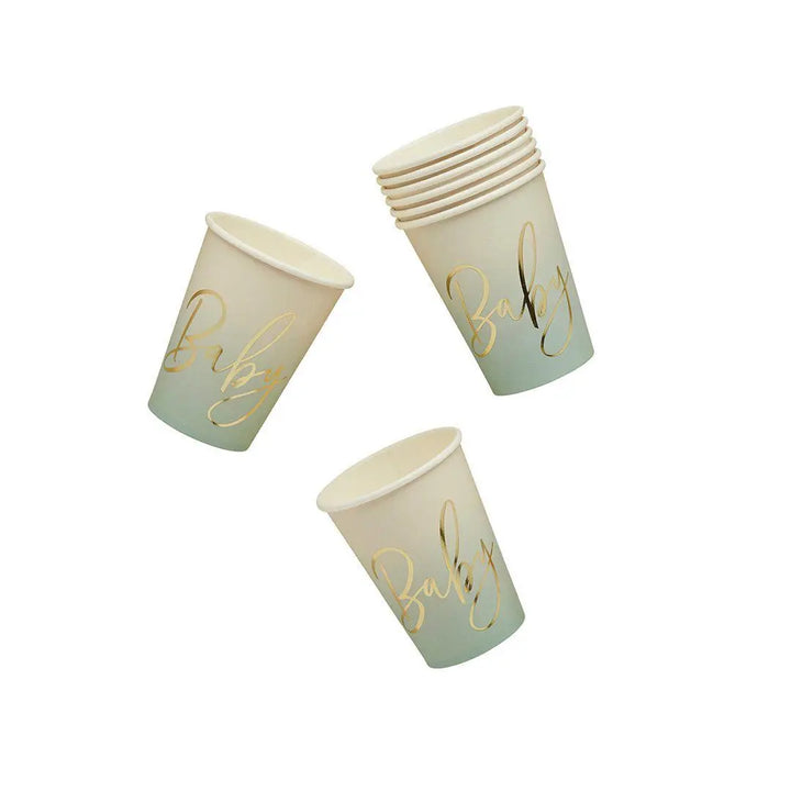 Sage Green Baby Shower Paper Cups with Gold Foil - Pack of 8 - Ombre Baby Party Tableware - Gender Neutral Shower - Green Baby Shower Cups - Jolie Fete UK
