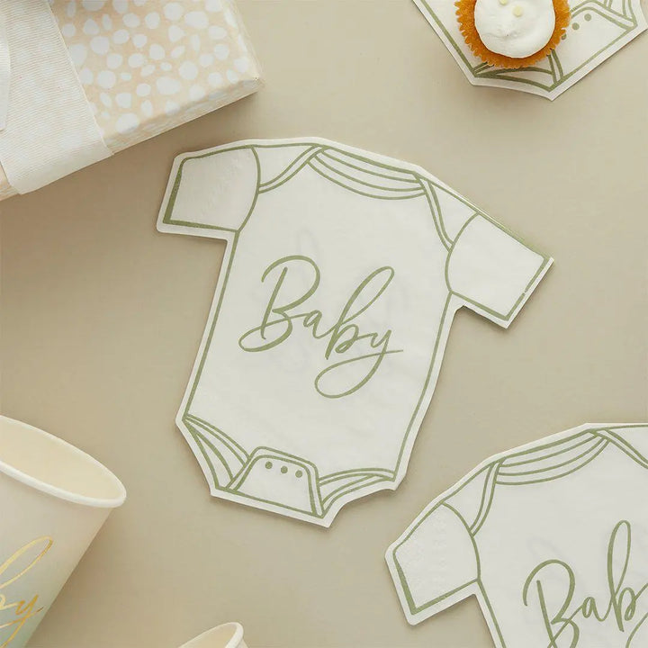 Sage Green Babygrow Paper Napkins Baby Shower - Pack of 16 - Party Tableware - Gender Neutral Baby Party Supplies - Baby Napkins - Jolie Fete UK