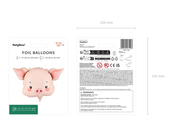 Pink Pig Balloon - Animal Party Balloon - Helium or Air Fill - Kids Birthday Party Decoration - Pig Theme Supplies - Farmyard Party -61x36cm - Jolie Fete UK