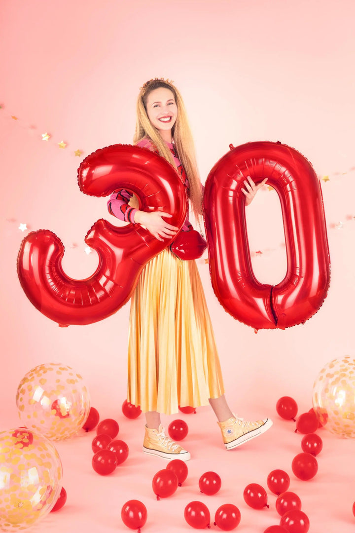 Red Foil Number 0 Balloon 86cm - Giant Metallic Zero Balloon - Birthday Party Decorations - Milestone Anniversary Age Balloon - Jolie Fete UK
