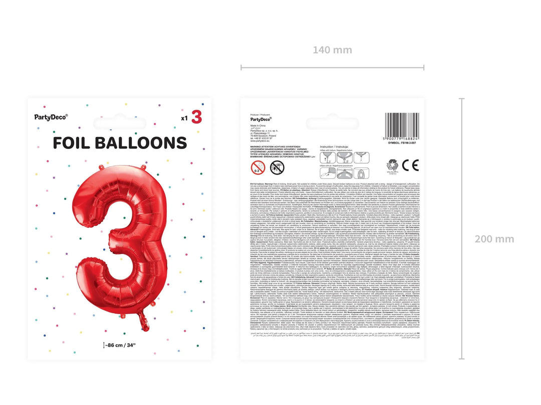 Giant Red Number 3 Foil Balloon 86cm - 3rd Birthday Party Decoration - 30th Birthday Party Balloon - Self-Sealing Metallic Number Balloon - Jolie Fete UK