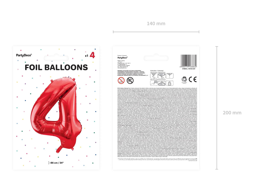 Red Number 4 Foil Balloon 86cm - Giant Metallic 4th Birthday Balloon - 40th Birthday Balloon - Red Balloon - Helium Balloon - Air Balloon - Jolie Fete UK
