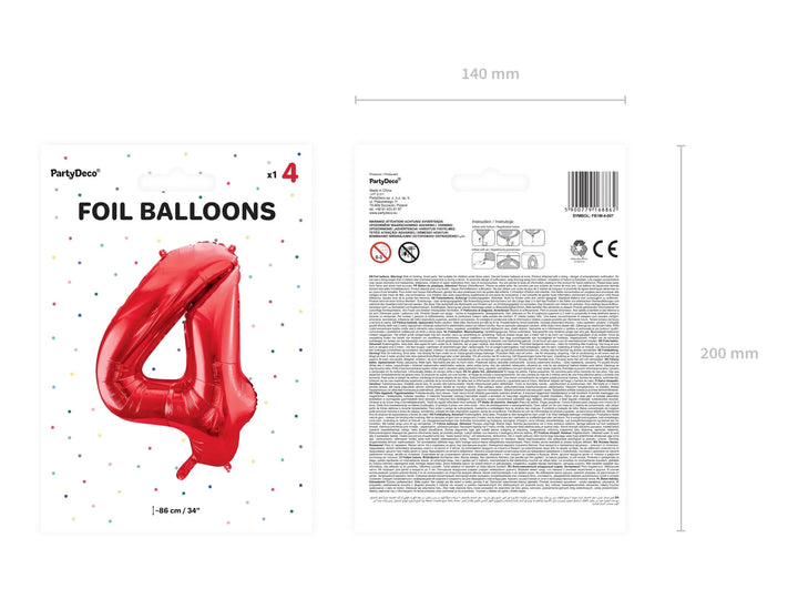 Red Number 4 Foil Balloon 86cm - Giant Metallic 4th Birthday Balloon - 40th Birthday Balloon - Red Balloon - Helium Balloon - Air Balloon - Jolie Fete UK