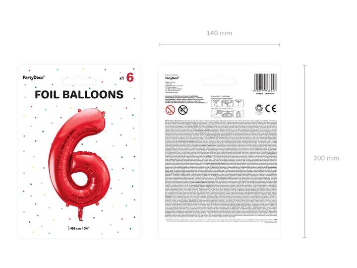 Red Foil Number 6 Balloon 86cm - Giant Metallic Sixth Birthday Party Balloon - 60th Birthday - 60th Anniversary - Jolie Fete UK