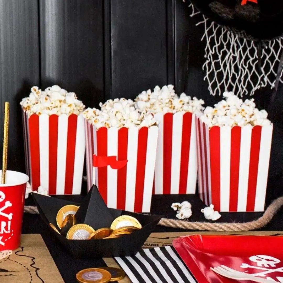 Red & White Striped Popcorn Boxes - Classic Carnival Style Party Favour Boxes - 6 Pack - Fairground Favours - Sweet boxes - Pirates Party - Jolie Fete UK