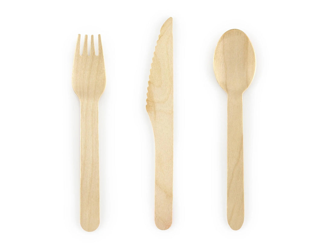 Wooden Cutlery Set - Woodland Theme - 18pc Knife Fork Spoon - Eco Friendly Party Tableware - Rustic Nature Birthday - Disposable Cutlery - Jolie Fete UK