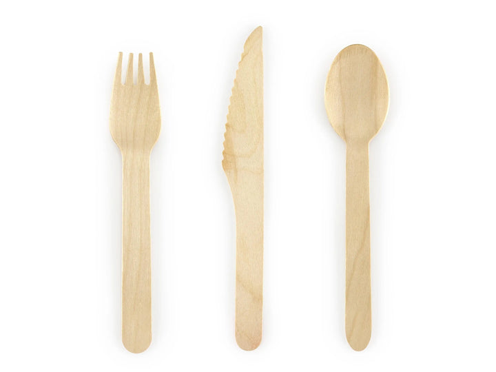 Wooden Cutlery Set - Woodland Theme - 18pc Knife Fork Spoon - Eco Friendly Party Tableware - Rustic Nature Birthday - Disposable Cutlery - Jolie Fete UK