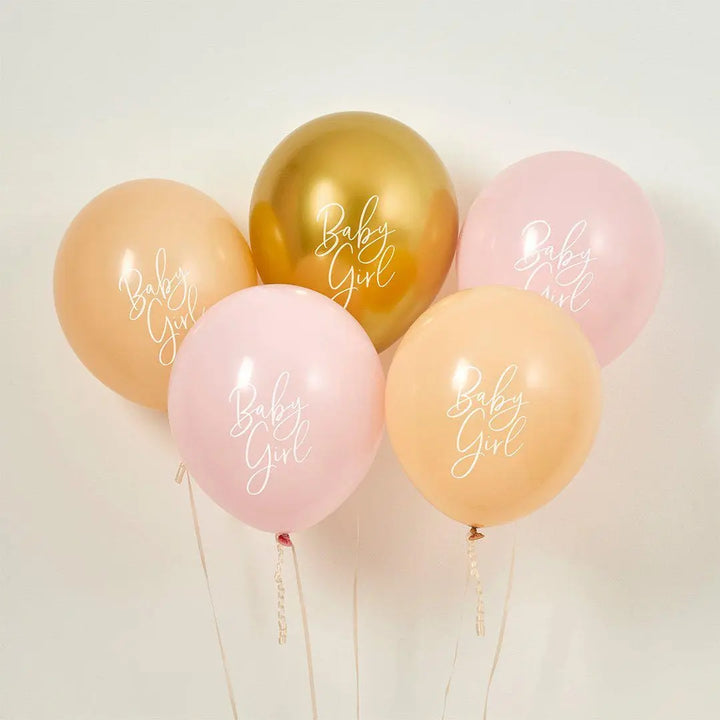 Pink, Peach & Gold Baby Girl 12 Inch Latex Balloons - Baby Shower Decorations - Girl Baby Shower Balloons - Pack of 5 - Baby Balloons - Jolie Fete UK