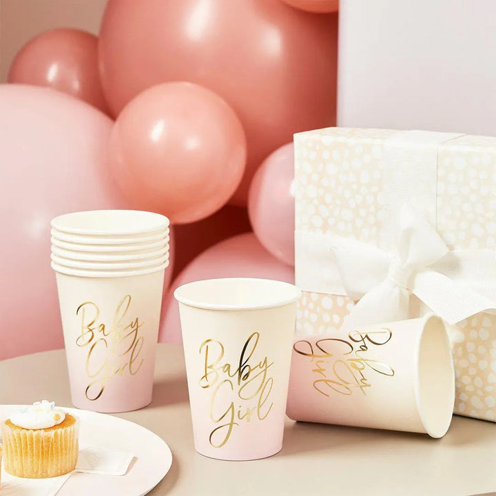 Pink Baby Girl Paper Cups Pack of 8 - Gold Foil Ombre - Baby Shower Party Tableware - Pink Party Cups - Girl Baby Shower Supplies - Jolie Fete UK