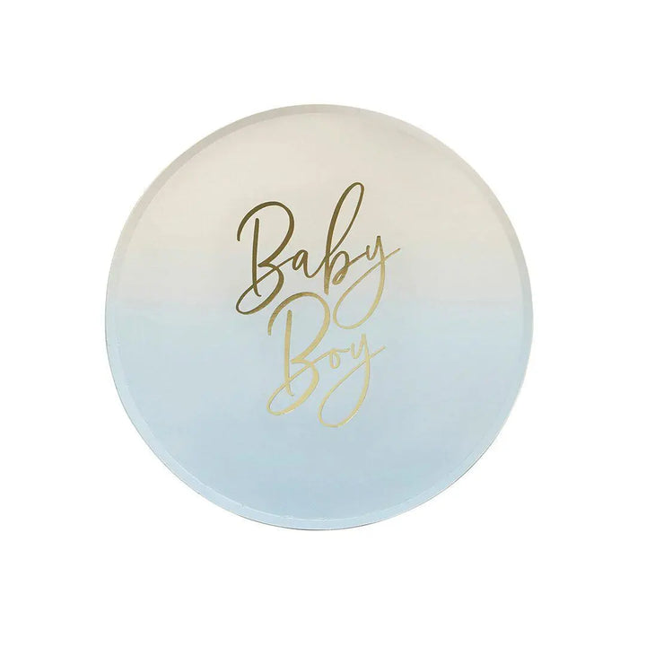 Blue Baby Boy Paper Plates Pack of 8 - Gold Foil Ombre - Baby Shower Tableware - Boy Baby Shower Party Supplies - Baby Shower Plates - Jolie Fete UK
