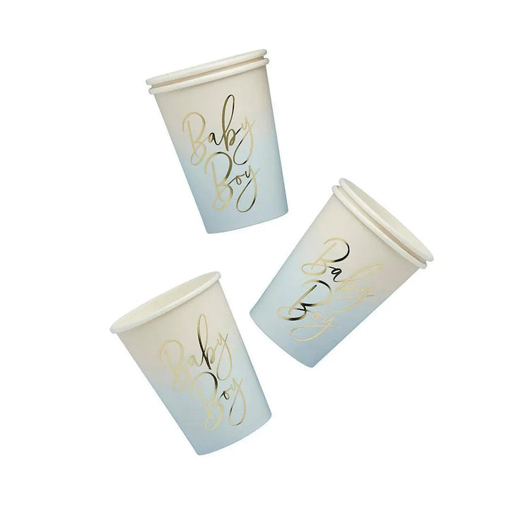 Blue Baby Boy Paper Cups - Pack of 8 - Gold Foil Ombre - Baby Shower Party Tableware - Boy Baby Shower Cups - Disposable Cups - Jolie Fete UK