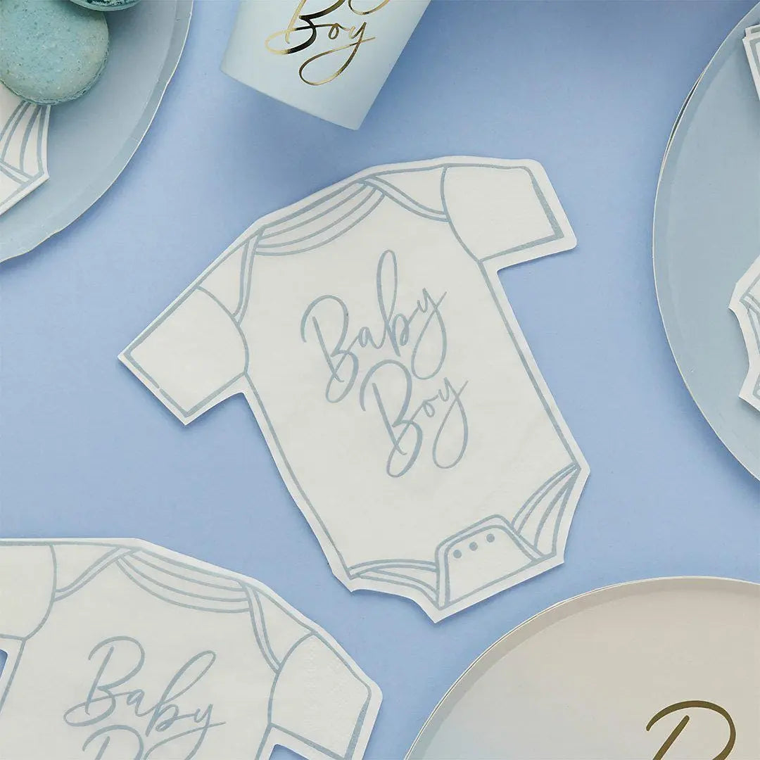 Blue Baby Boy Babygrow Paper Napkins Pack of 16 - Baby Shower Tableware - Boy Baby Shower Party Supplies Decorations - Baby Napkins - Jolie Fete UK