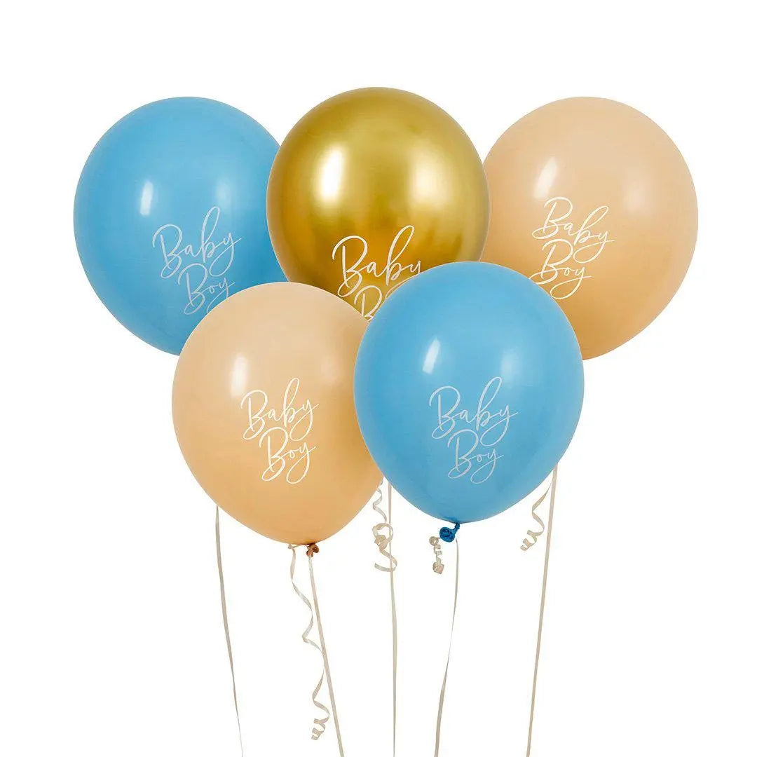 Blue, Beige & Gold Baby Boy Latex Balloons - Baby Shower Balloons - Boy Baby Shower Party Decorations - Baby Balloon Bundle - Pack of 5 - Jolie Fete UK