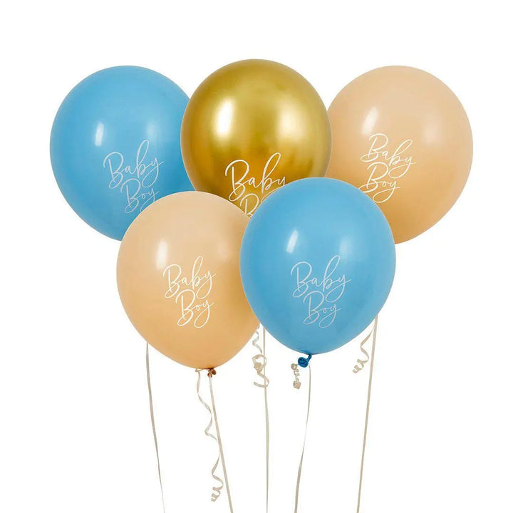 Blue, Beige & Gold Baby Boy Latex Balloons - Baby Shower Balloons - Boy Baby Shower Party Decorations - Baby Balloon Bundle - Pack of 5 - Jolie Fete UK