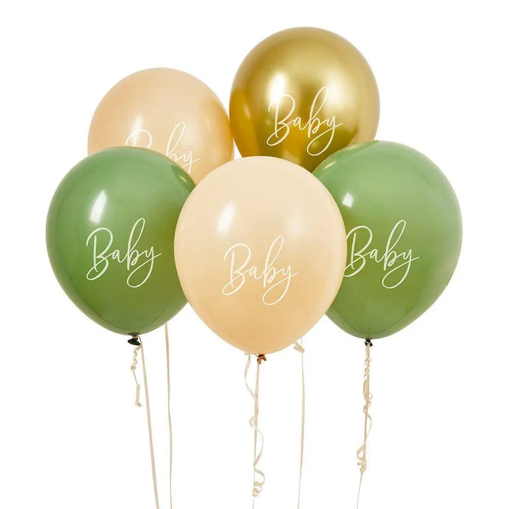 Baby Shower Balloons - Sage Green, Beige & Gold - Pack of 5 - 12 Inch - Baby Shower Decorations - Neutral Baby Shower Balloons - Jolie Fete UK