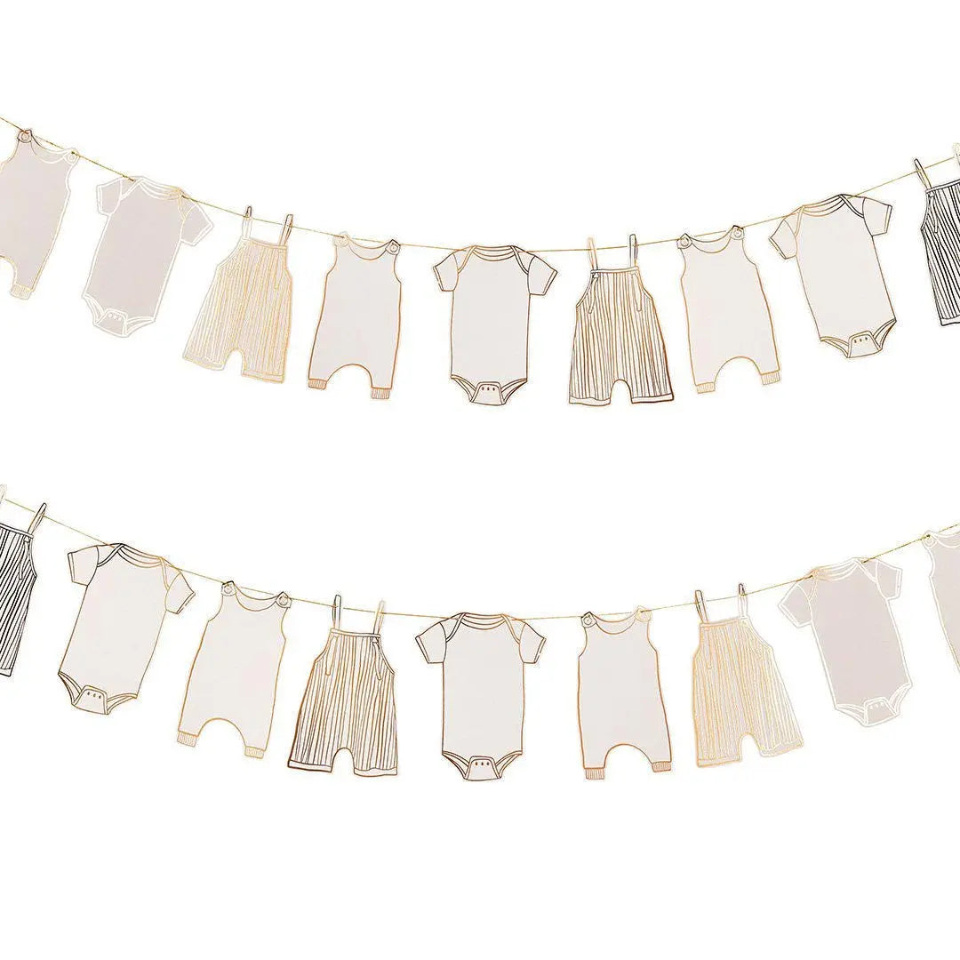Gold Babygrow Garland Baby Shower Decoration - Card Foil Bunting - 2.5m - Neutral New Baby Party Decor - Baby Shower Bunting - Gender Reveal - Jolie Fete UK