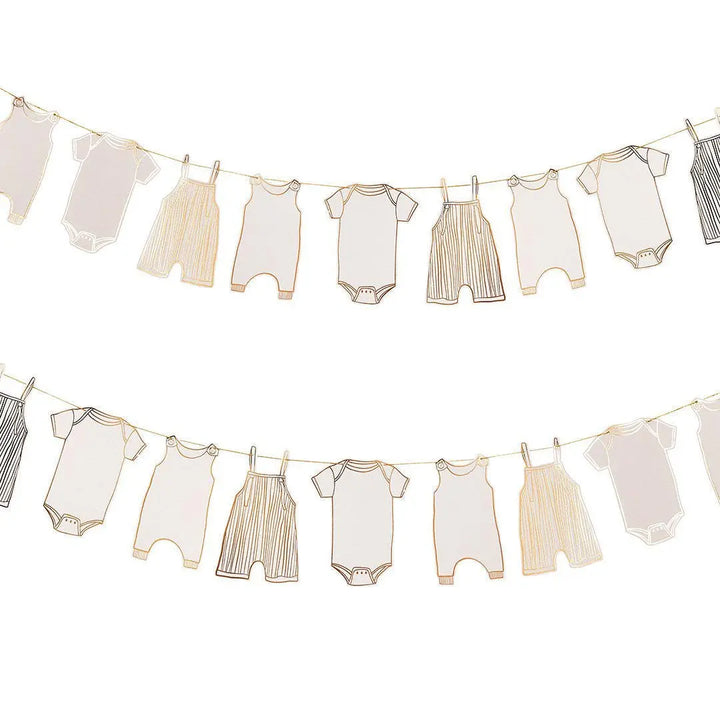 Gold Babygrow Garland Baby Shower Decoration - Card Foil Bunting - 2.5m - Neutral New Baby Party Decor - Baby Shower Bunting - Gender Reveal - Jolie Fete UK