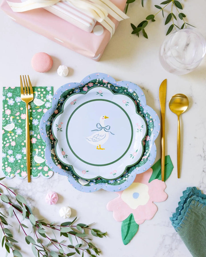 Goose Pattern Dinner Napkins - One Silly Goose Party Paper Napkins - Spring Tableware - Green Pink Blue Cream - Scalloped Edge - Pack of 24 - Jolie Fete UK