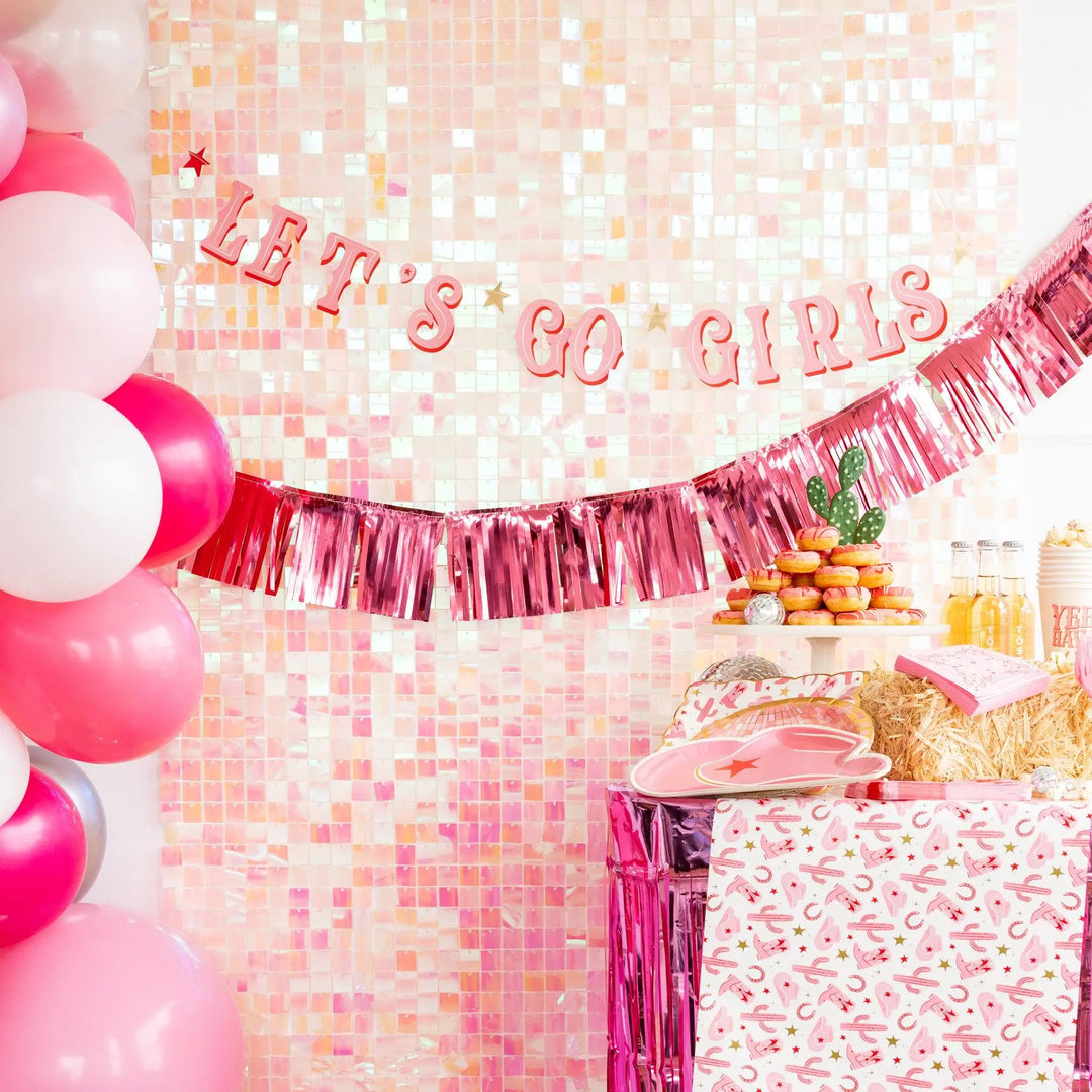 Let's Go Girls Banner AND Pink Foil Fringe Tassel Garland - Cowgal Hen Party Decoration -Last Rodeo Theme - Bachelorette Party Backdrop Sign - Jolie Fete UK