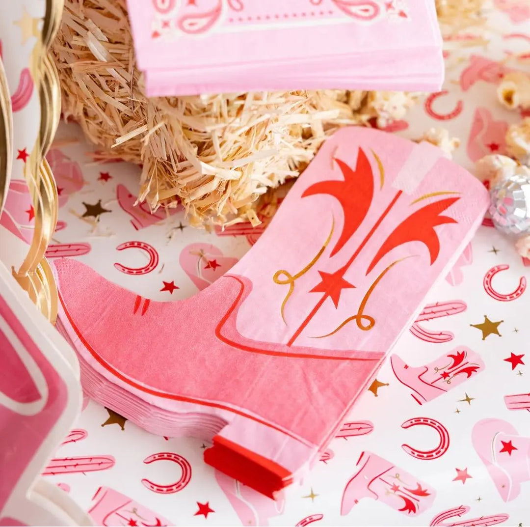 Boot Shaped Paper Napkins - Pink Cowgirl Birthday Party Napkins - Last Rodeo Hen Party - Western Cowgal Party Decor - Pack of 18 - Jolie Fete UK