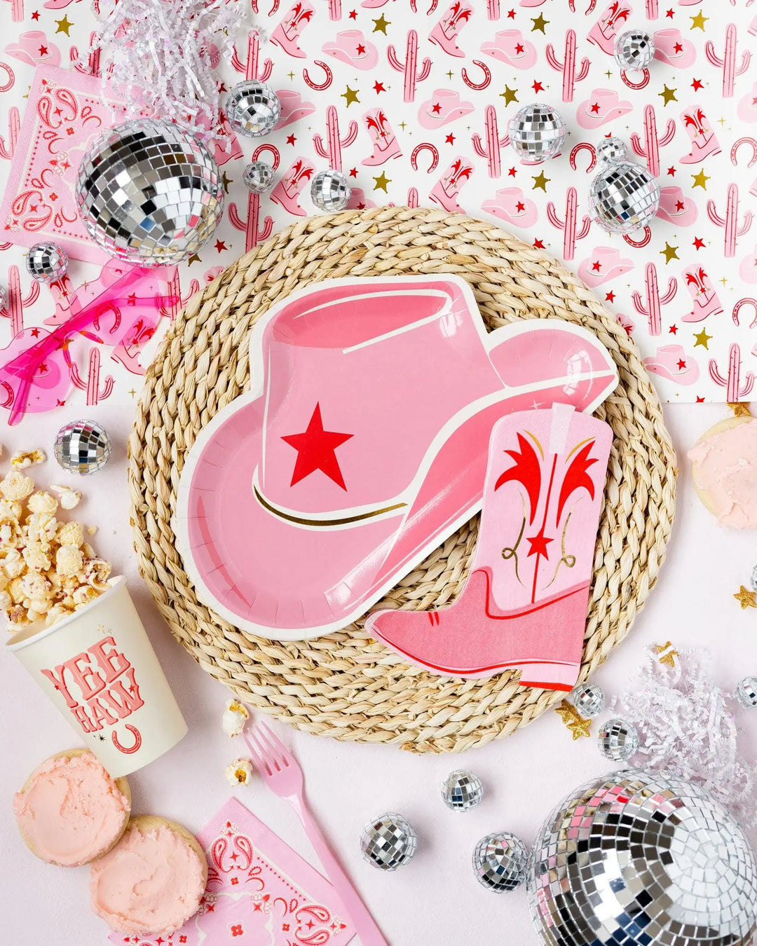 Pink Cowgirl Hat Paper Plates - Wild West Party Tableware - Gold Foil Cow Gal Birthday Plates - Last Rodeo Hen Party Plates - Pack of 8 - Jolie Fete UK
