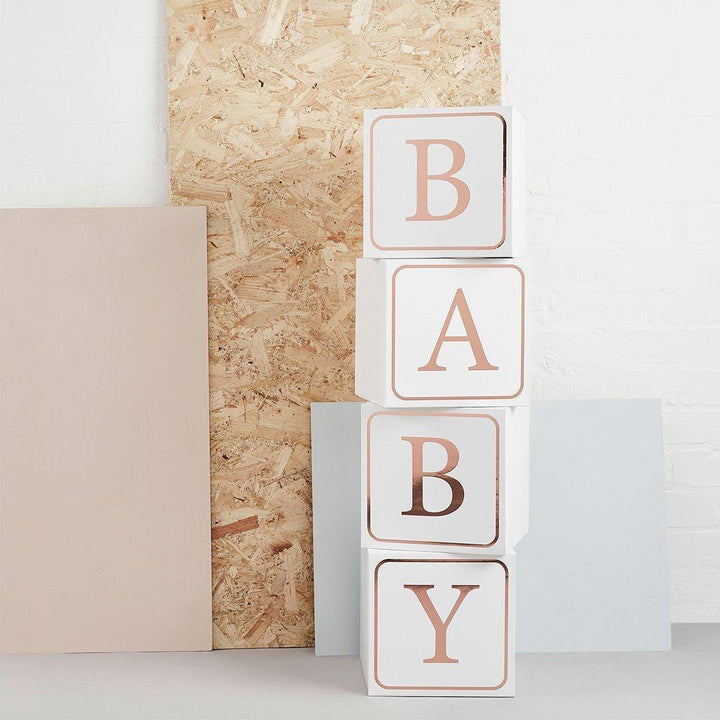 Jumbo Rose Gold Baby Blocks - 4 Pack Large White Cardboard Boxes - Baby Shower Decor - Block Display - Gender Neutral Party Prop - Jolie Fete UK