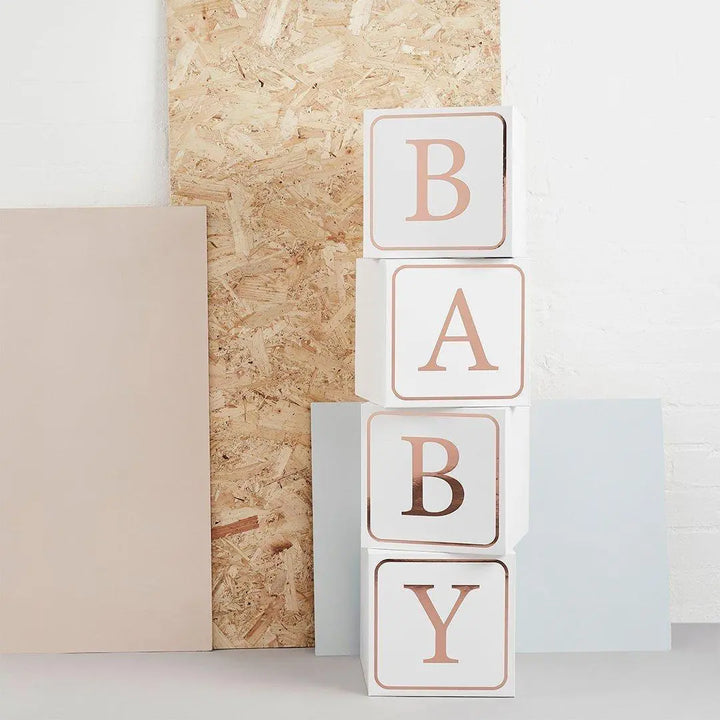 Jumbo Rose Gold Baby Blocks - 4 Pack Large White Cardboard Boxes - Baby Shower Decor - Block Display - Gender Neutral Party Prop - Jolie Fete UK