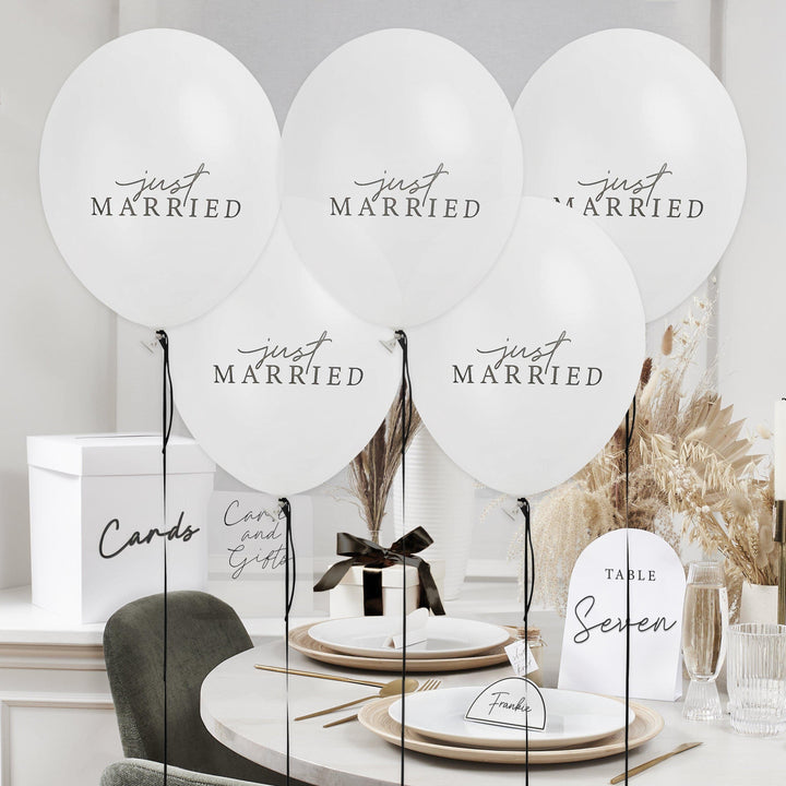 Just Married Wedding Balloons - White Latex Balloons With Black Text - Elegant Reception Decor - Monochrome Theme - Newlywed Car Decorations - Jolie Fete UK