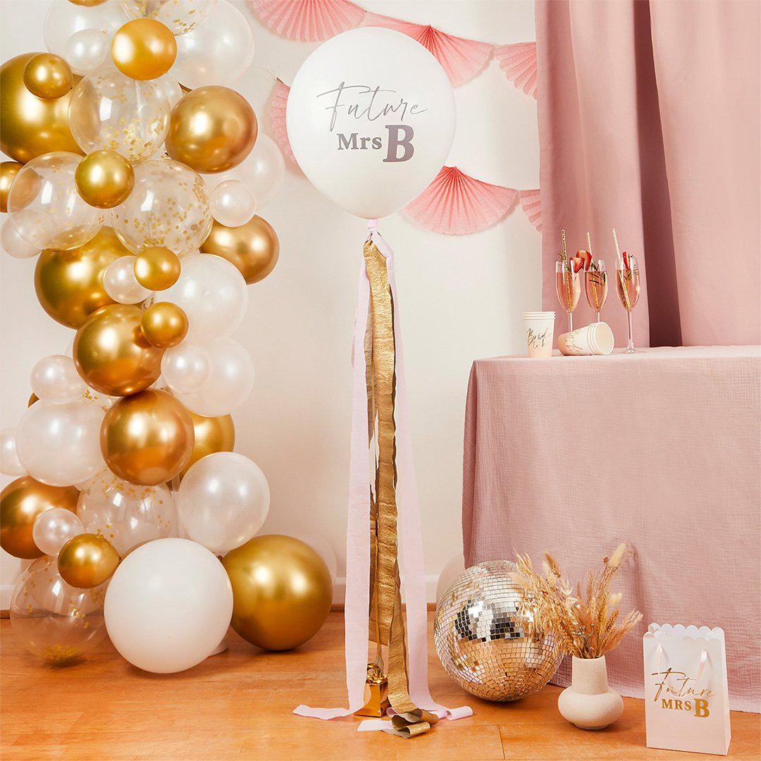 Future Mrs Hen Party Balloon - Customisable 18" Large White Latex With Pink & Gold Tassel Tail - Hen Party Decoration - Bride to Be Sign - Jolie Fete UK