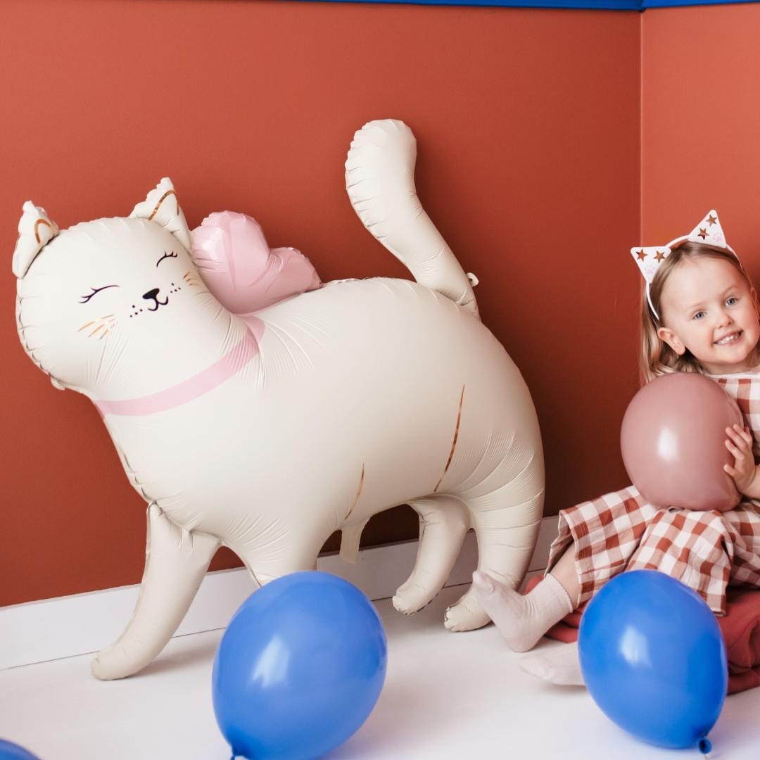 Cat Balloon - Large Cream Cat Foil Balloon - Kitten Party Balloons - Meow Party - Cute Kitty Cat Helium Balloon - Cream & Pink Balloon - Jolie Fete UK